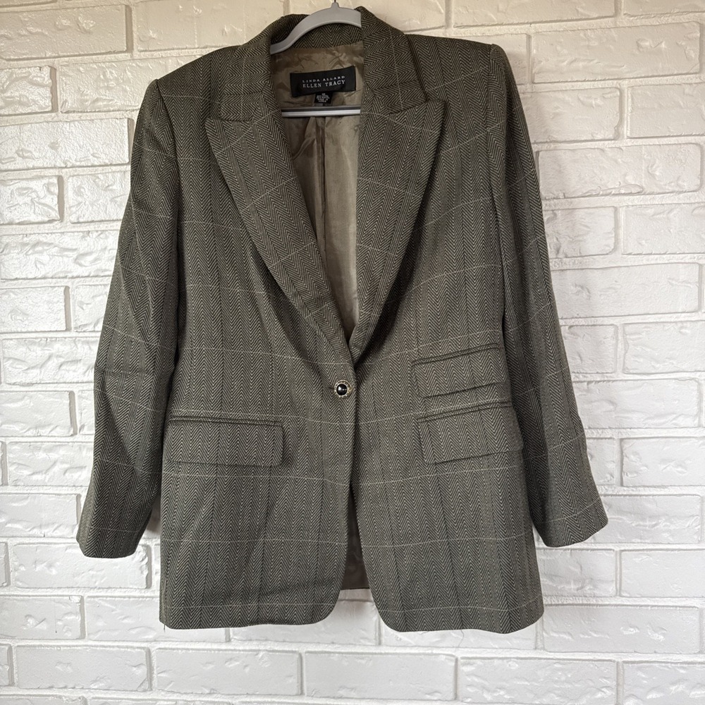 Ellen Tracy Vtg Linda Allard Women's Blazer Jacket Green Tweed Wool Blend Sz 10